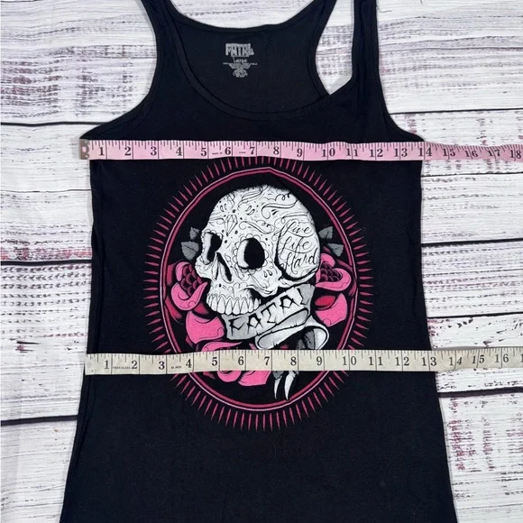 Vintage Y2K Fatal Black Graphic Skull Tank Top with Pink Accents Rockstar - Picture 6 of 8